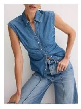 Zara Blue Denim Sleeveless Top Ruched Waist Size Small